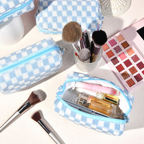 SOIDRAM checkered makeup bag blue flat lay highlighting large capacity