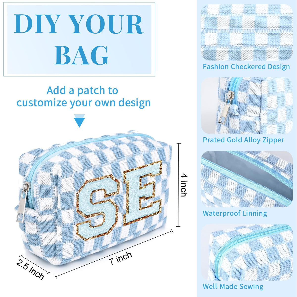 SOIDRAM blue checkered makeup bag DIY potential with customization
