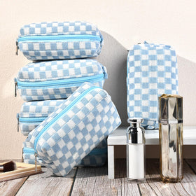SOIDRAM blue checkered bag with metal zipper pulls for secure storage