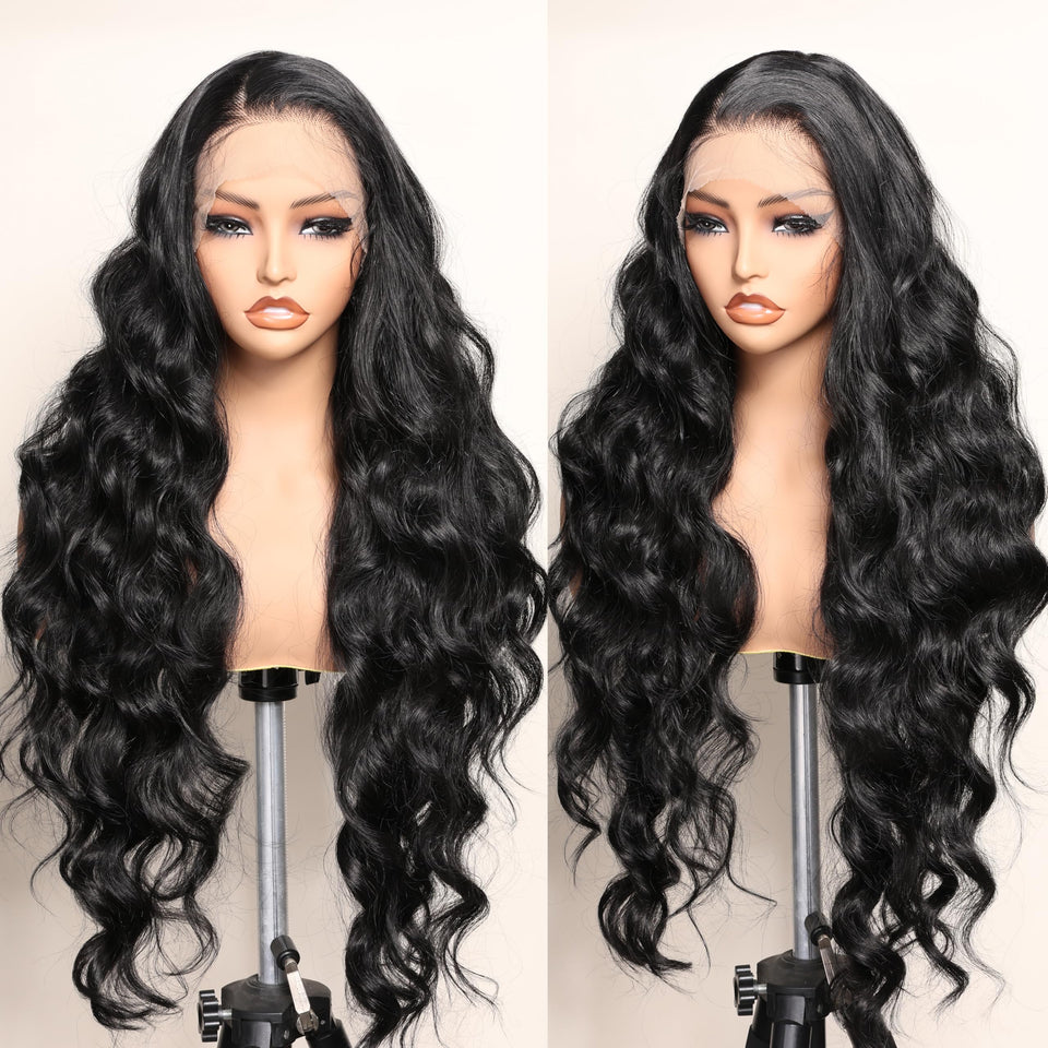 SOKU black 13x6 lace frontal wig with body wave for versatile styling.