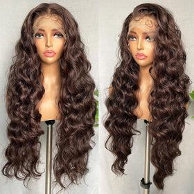 SOKU brown 13x6 lace front wig 32 inch wavy length for dramatic look