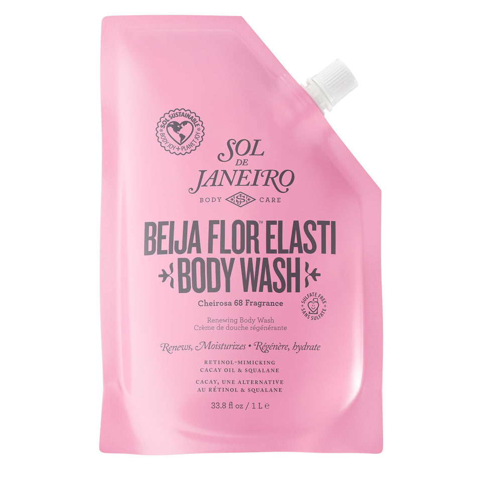 Sol de Janeiro Beija Flor Body Wash bottle displaying creamy lather and fragrance