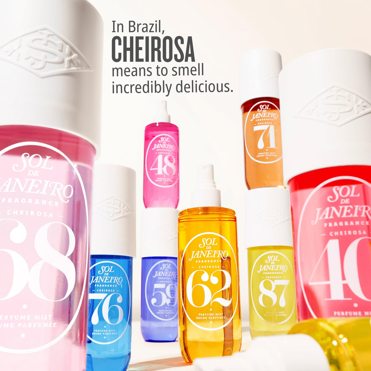 Sol de Janeiro Cheirosa mist in use spray to refresh hair and body.