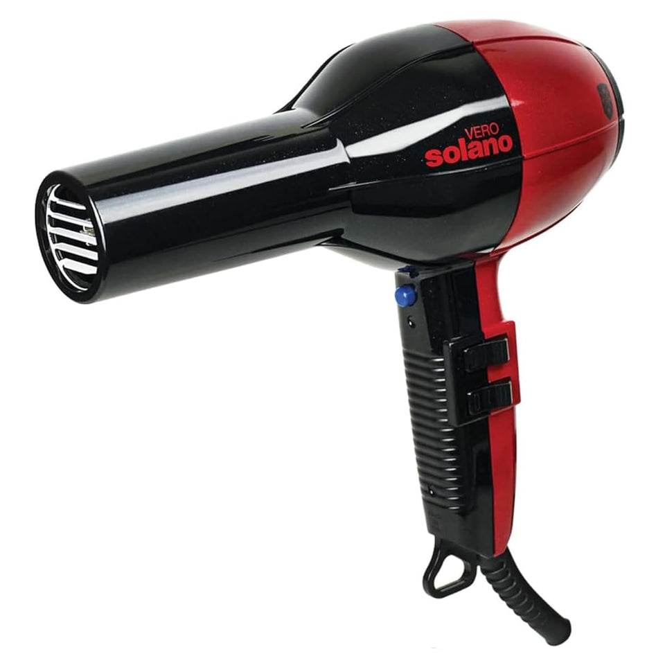 Solano Vero Rosso dryer front view with ergonomic grip for comfortable daily styling.