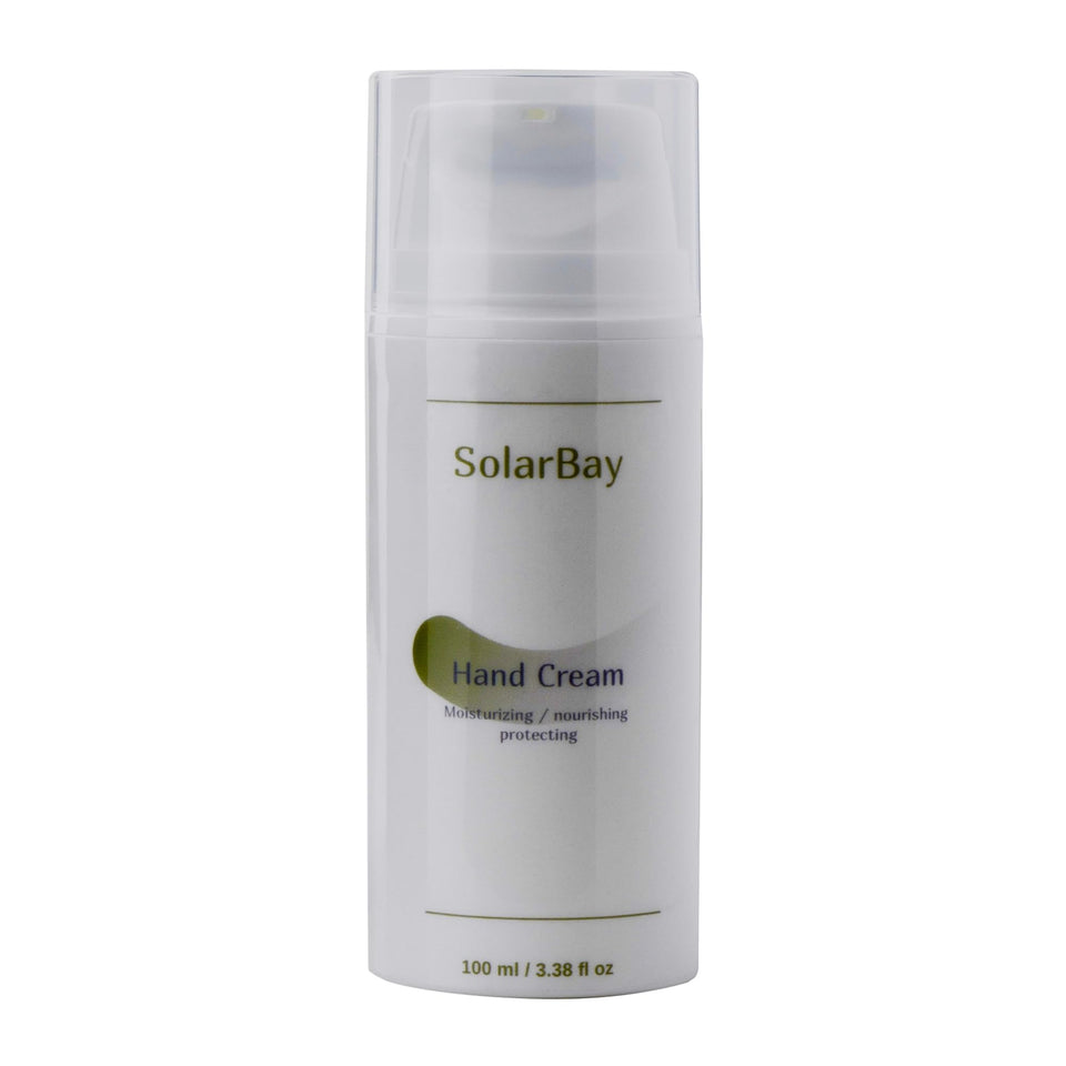 Solar Bay hand cream in an airless bottle for mess-free hydration.