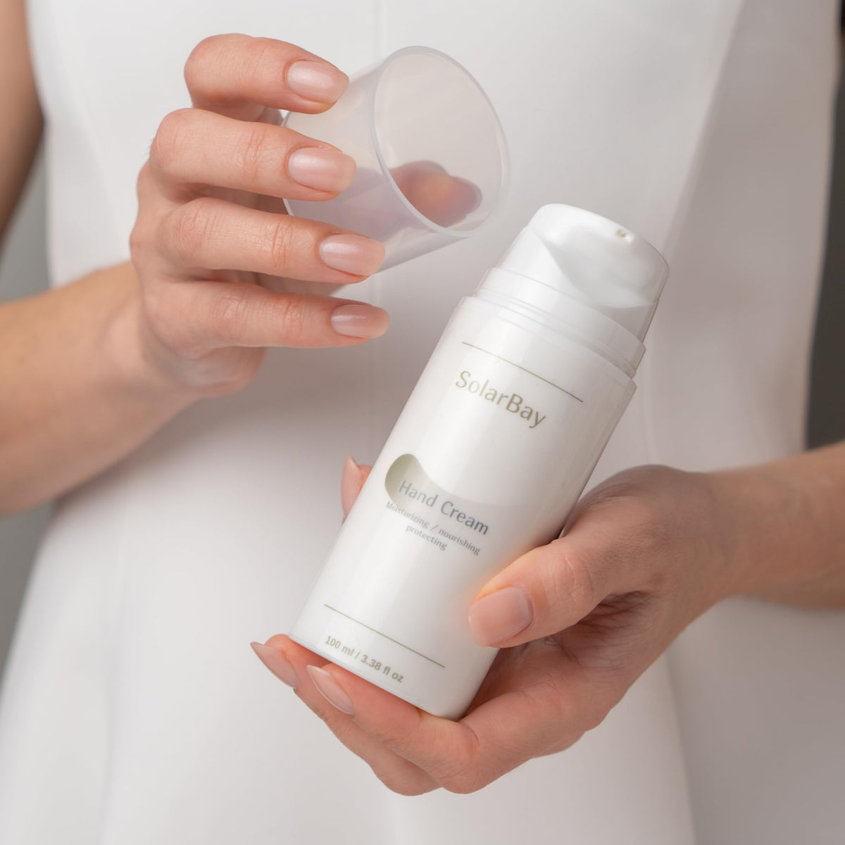 Solar Bay hand cream with shea butter and jojoba for lasting moisture.