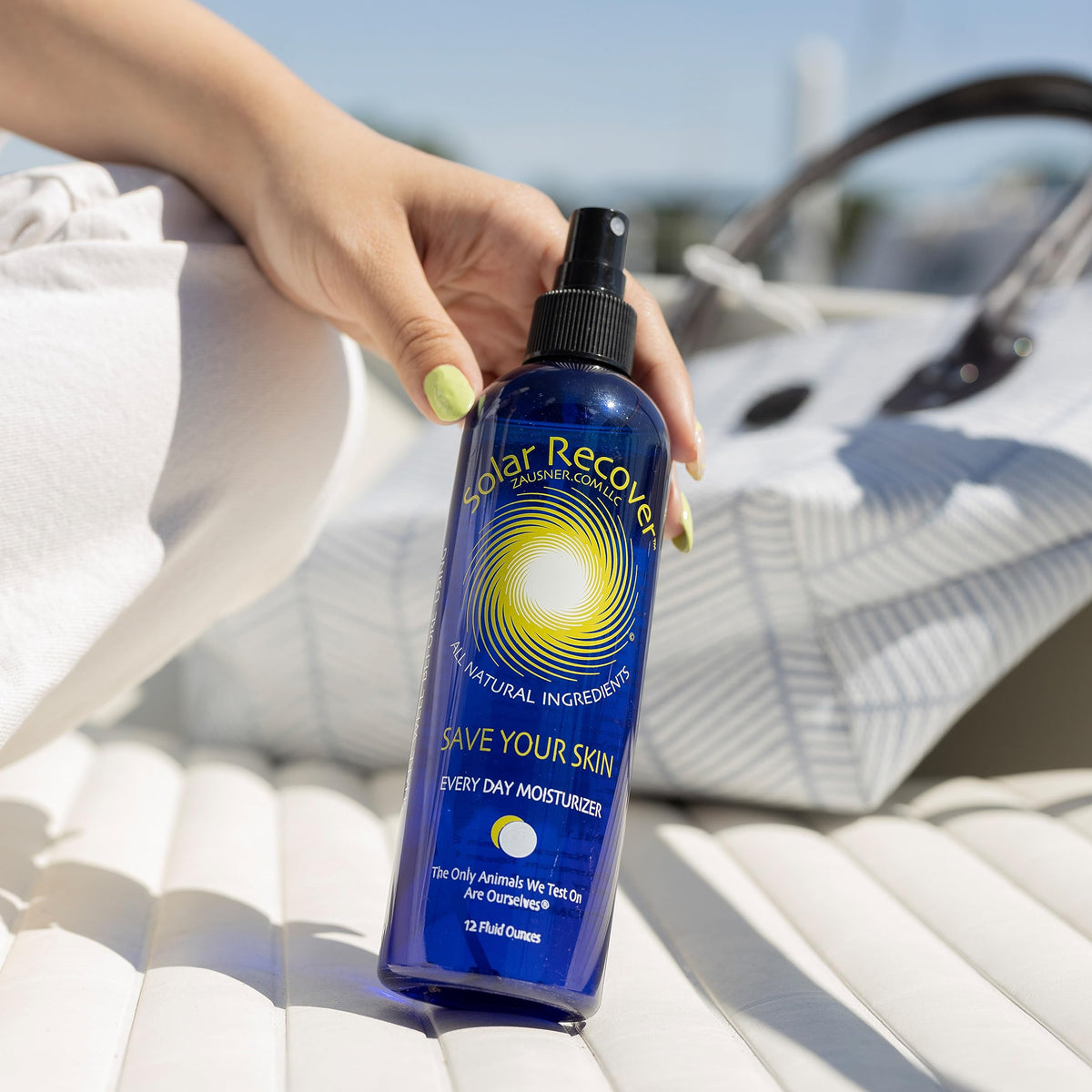 Solar Recover Face Body Mist Application demonstrates quick refresh after sun exposure.