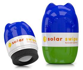 Solar Swipe sunscreen applicator in blue-green rolling onto skin for easy application.