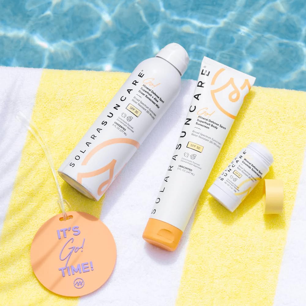 Solara Suncare Go! mineral defense sport spray mist demonstrates easy application for outdoors