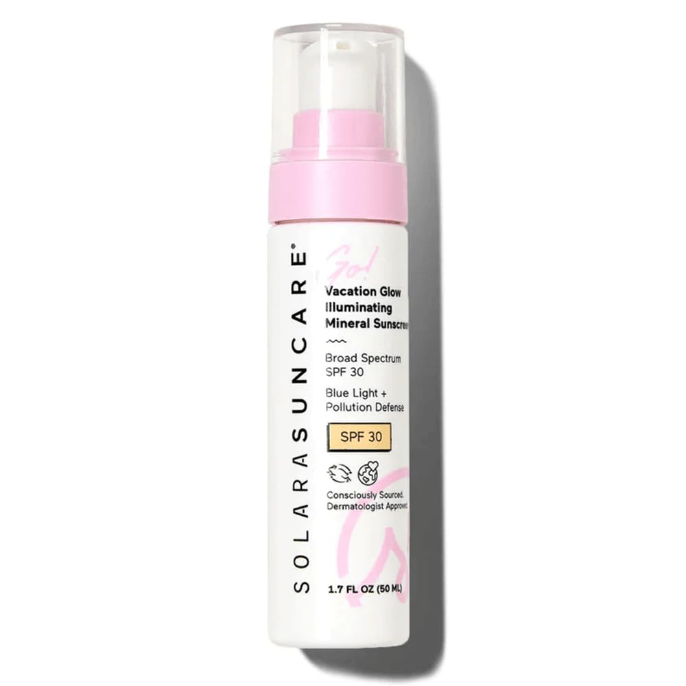 Solara Suncare Go Vacation Glow bottle shows mineral SPF 30 for sensitive skin daily protection.