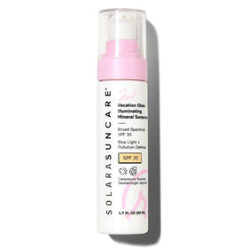 Solara Suncare Go Vacation Glow bottle shows mineral SPF 30 for sensitive skin daily protection.