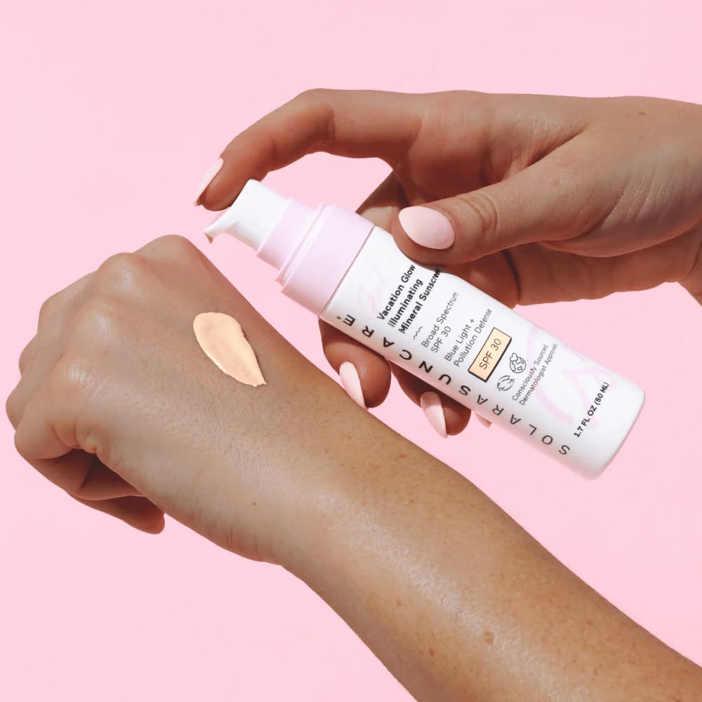 Swatch on skin shows radiant finish with mineral SPF protection.
