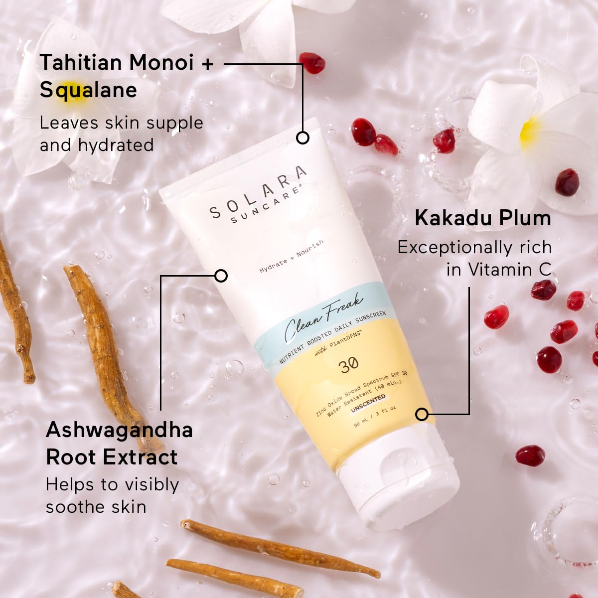 Solara Suncare PlantDFNS blend showcased for nourishing, protective skin care.