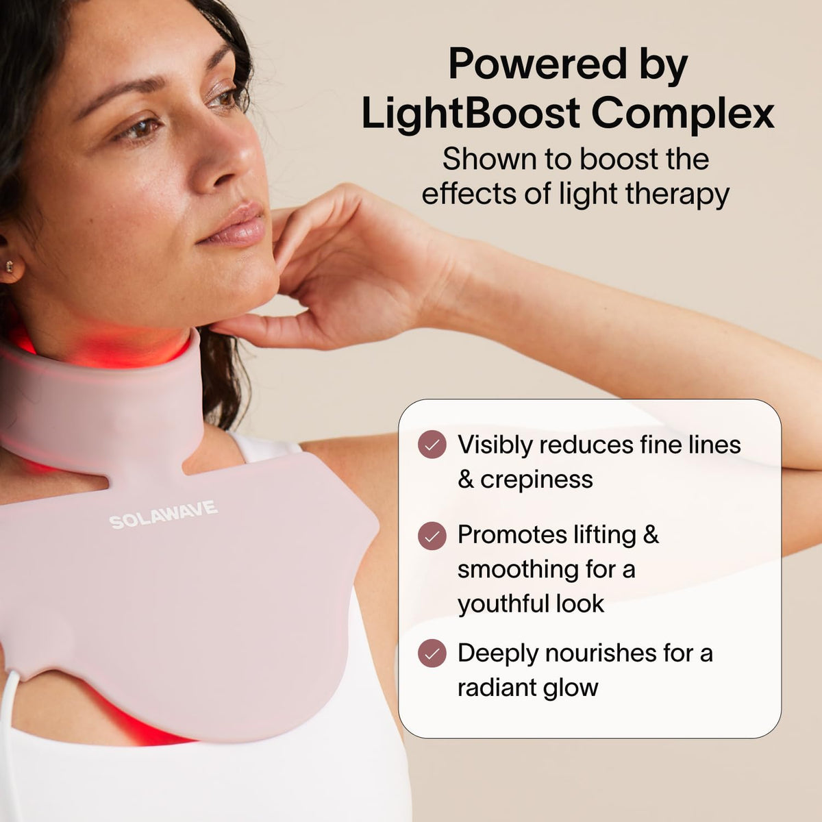 Solawave LightBoost Rich Cream on the chest for even moisture and softness.