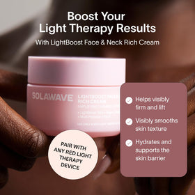 Solawave LightBoost Rich Cream on the neck for renewed firmness and hydration.