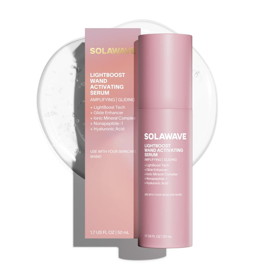 Solawave LightBoost serum bottle close-up, smooth wand glide.