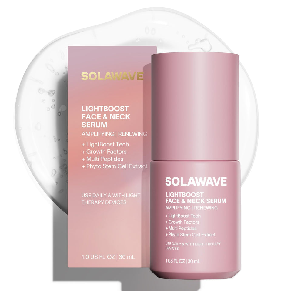 Solawave LightBoost serum bottle for daily anti-aging hydration.
