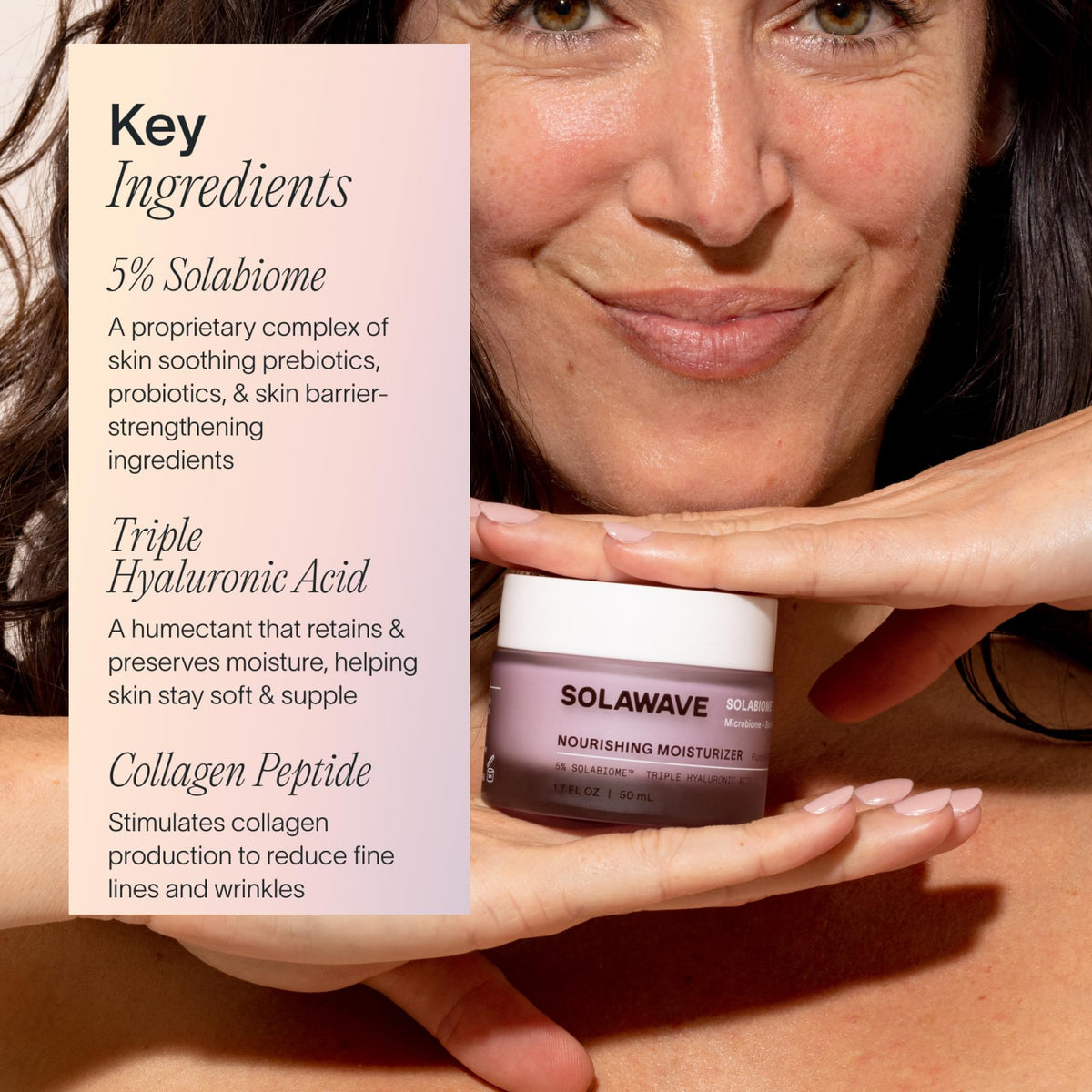Solawave Probiotic Cloud Cream ingredients hyaluronic acid and peptides for hydration and elasticity.