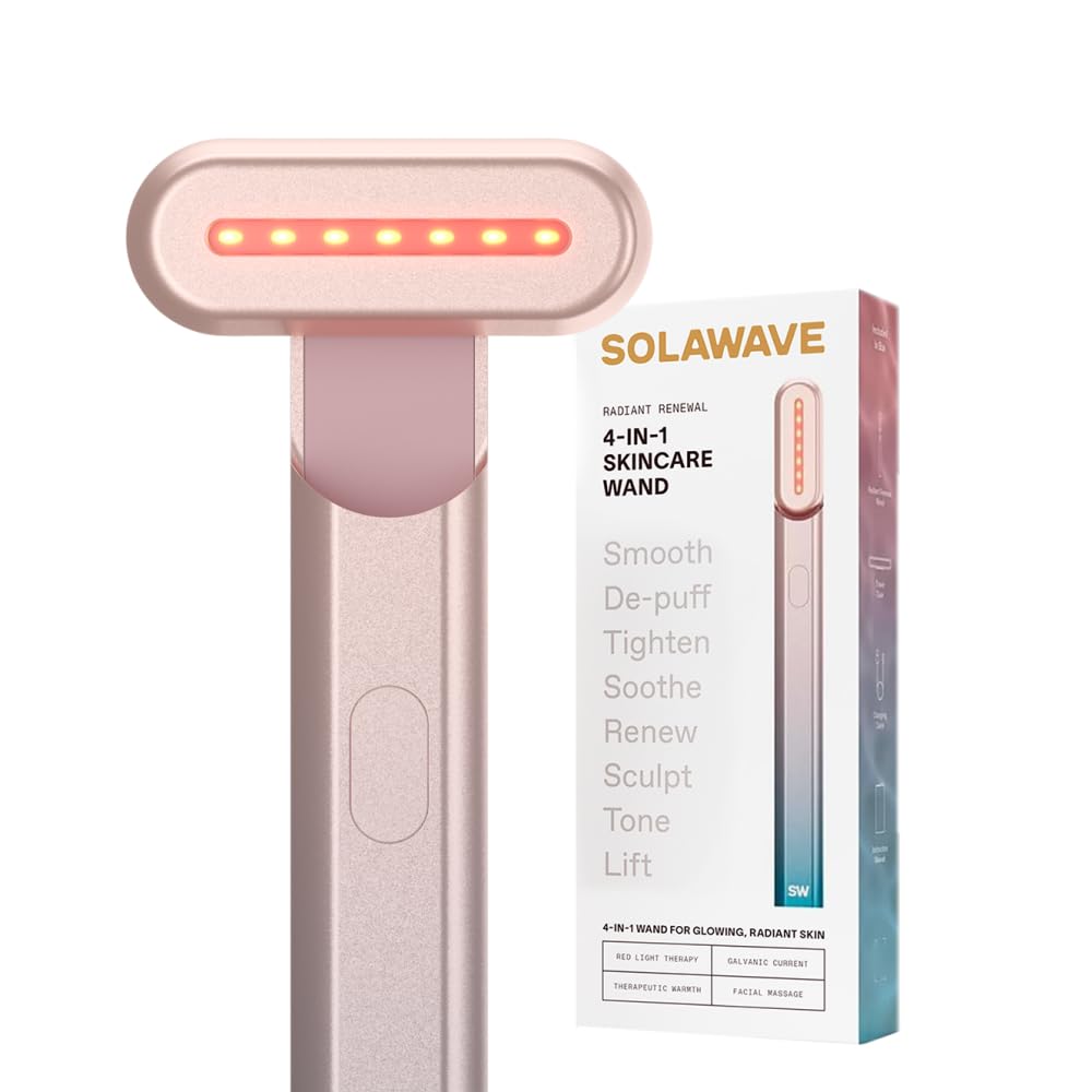 Solawave wand face area for quick, spa-like glow with red light therapy.