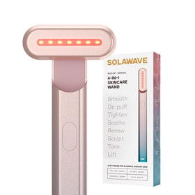 Solawave wand face area for quick, spa-like glow with red light therapy.