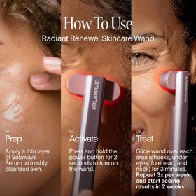 Solawave wand neck-toning promotes graceful contour and de-puffing.