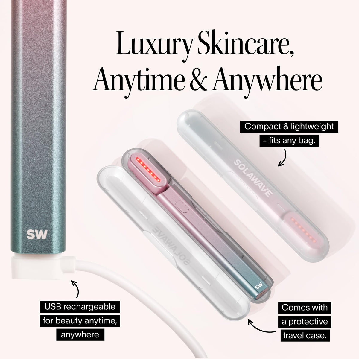Solawave wand with portable case is ideal for travel skincare.
