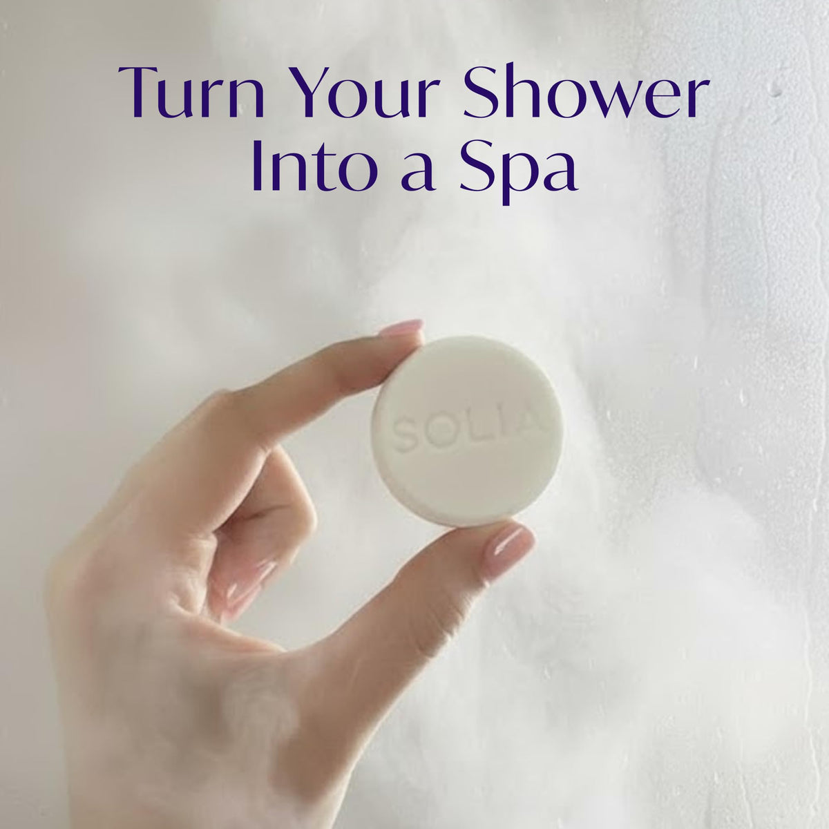 Solia Lavender Shower Steamer in a calm bathroom setting
