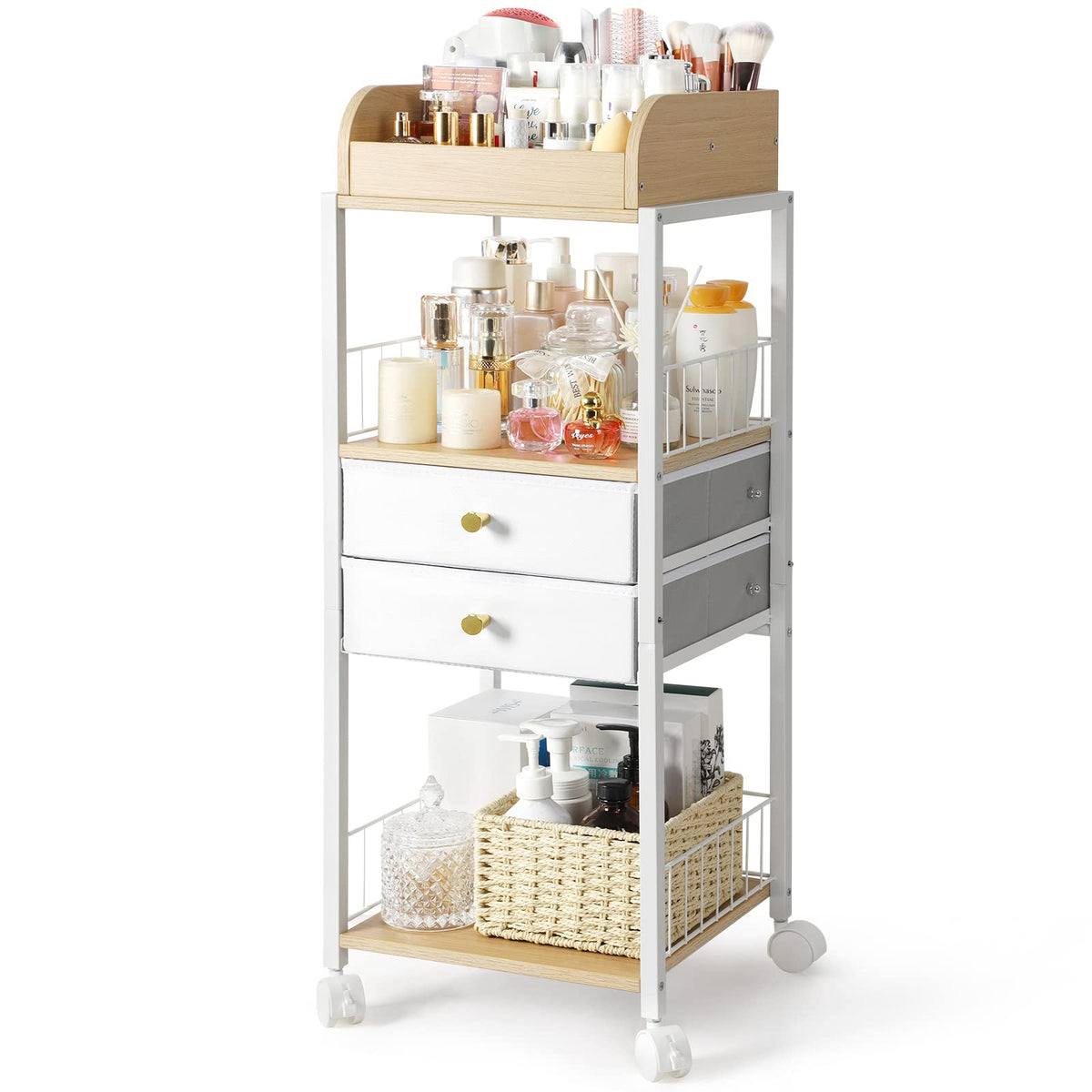 SOLIMINTR makeup organizer floor display with open shelves for easy access to cosmetics