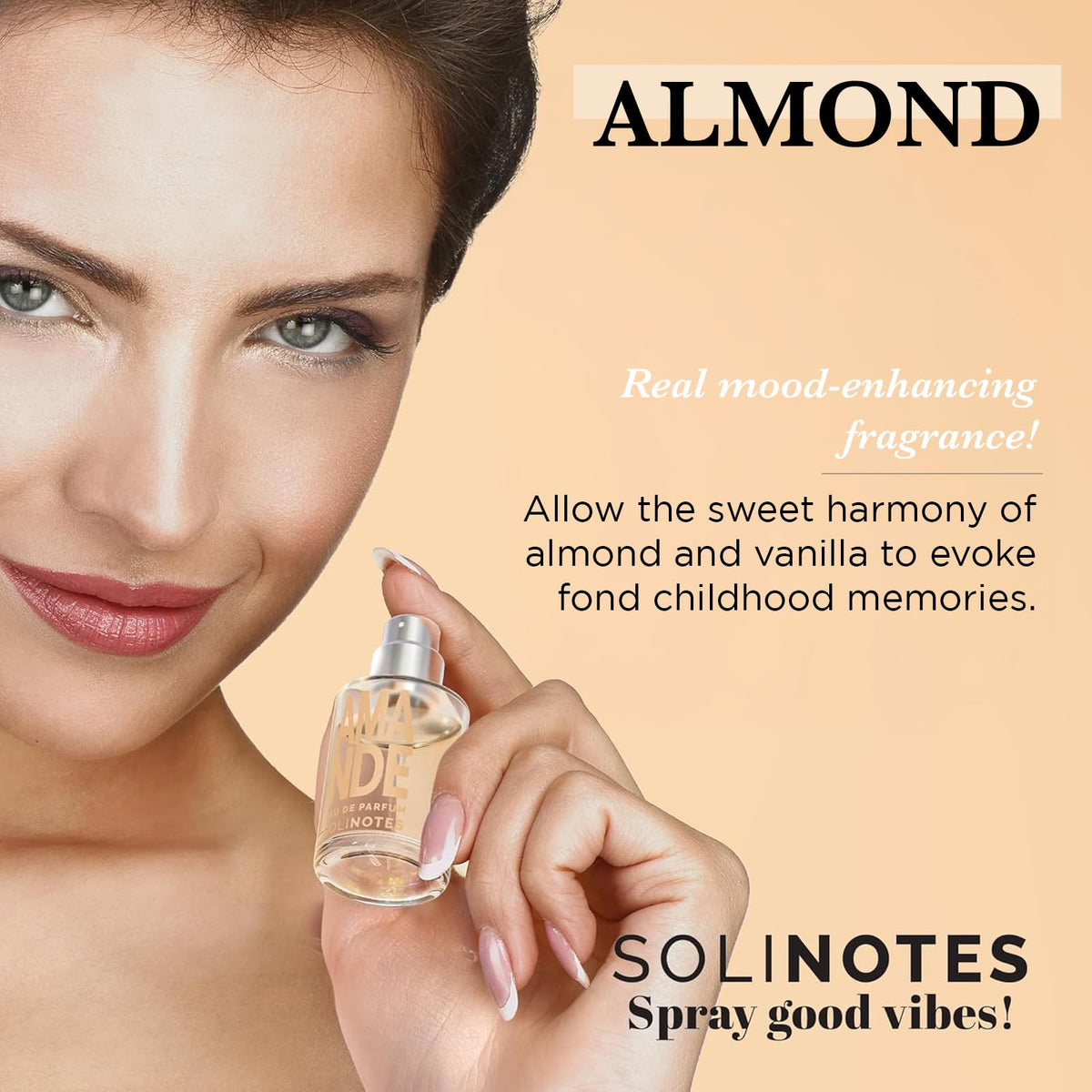 Solinotes Almond perfume packaging box showcasing vegan and sustainable design.
