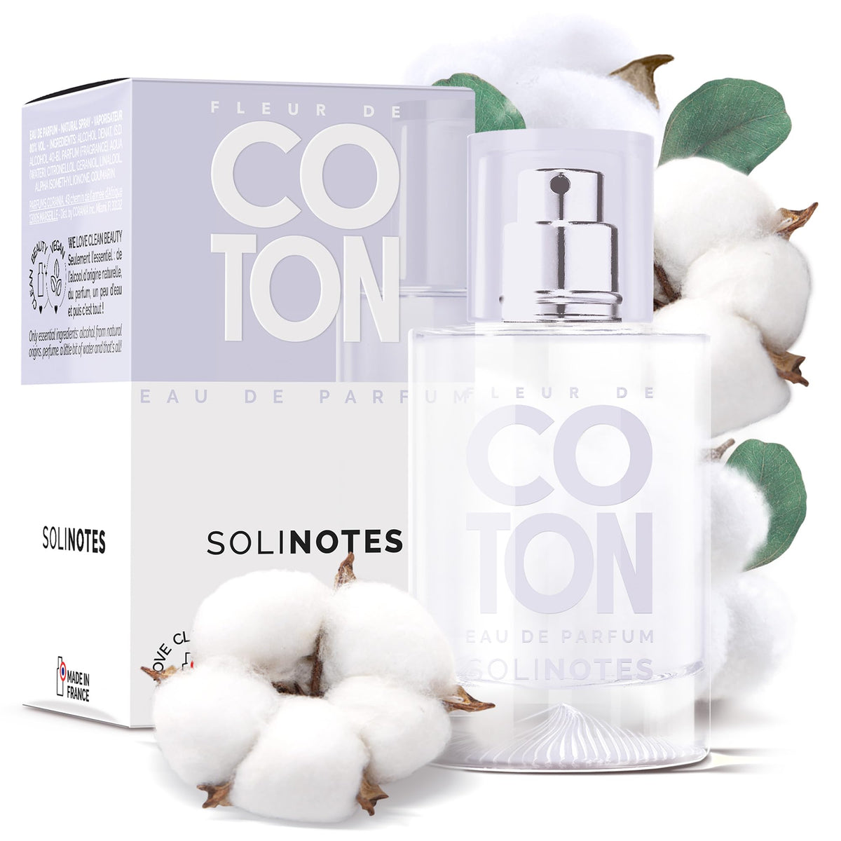 Solinotes Cotton Flower bottle pour highlights a delicate, powdery floral scent for daily wear.