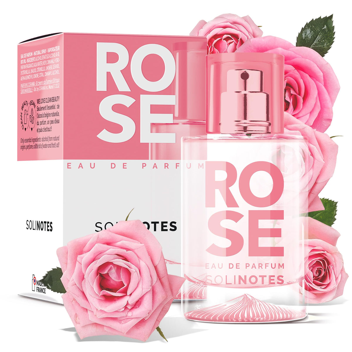 Solinotes Paris Rose perfume bottle on a clean surface for everyday elegance.