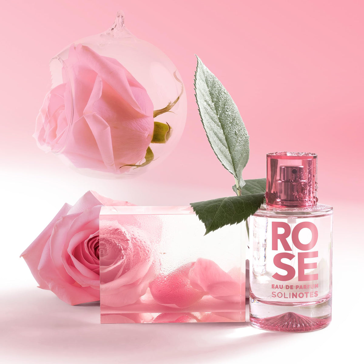 Solinotes Paris Rose perfume on pink background evokes romantic everyday moments.