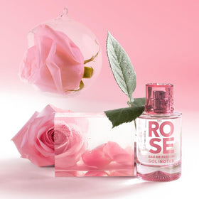 Solinotes Paris Rose perfume on pink background evokes romantic everyday moments.
