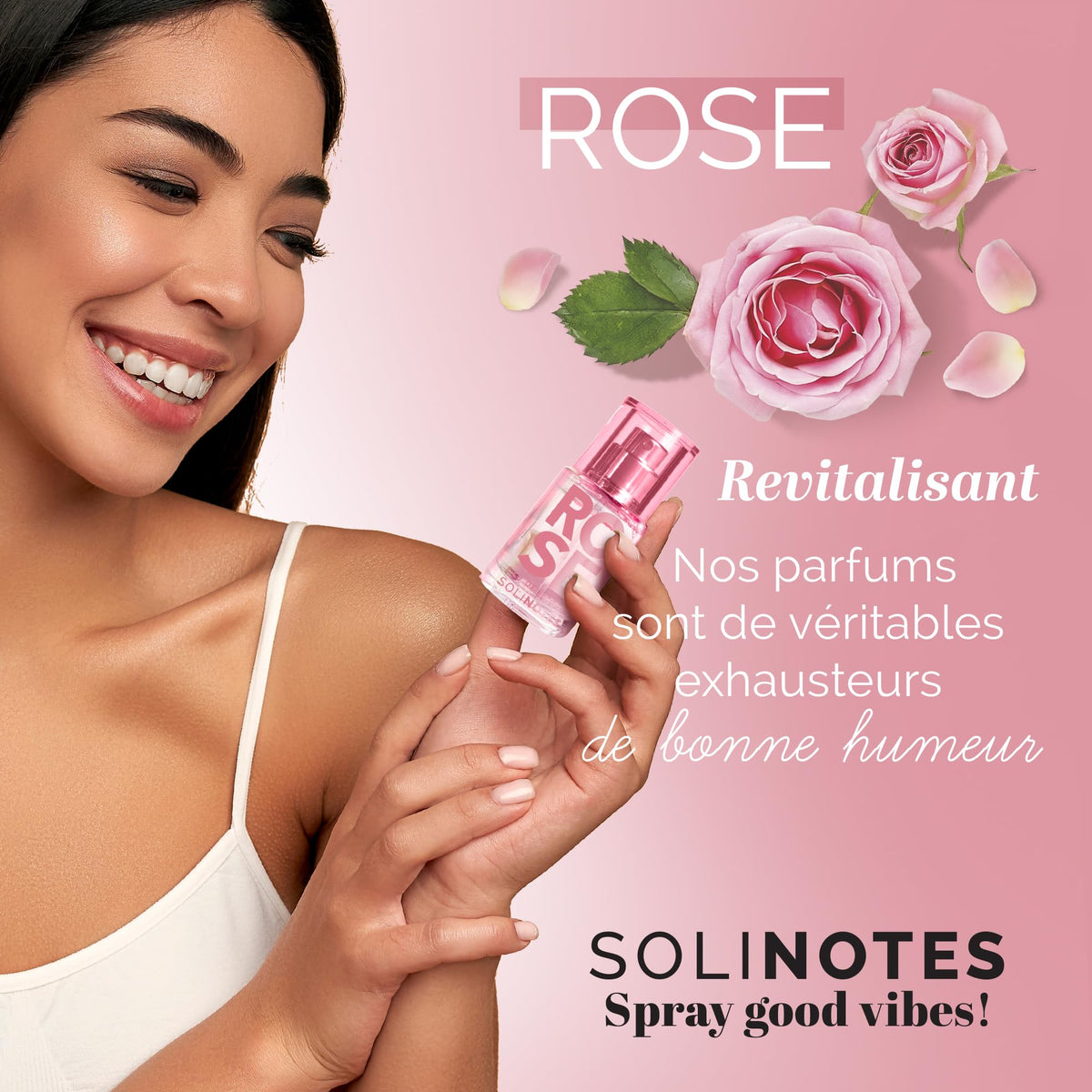 Solinotes Rose spray-on-mist showcases easy application for everyday moments.