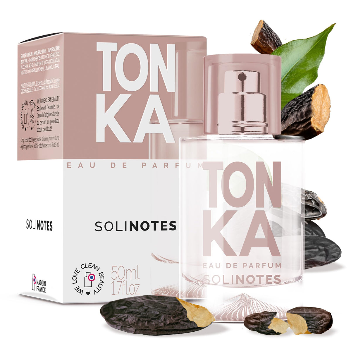 Solinotes Tonka bottle front, premium fragrance packaging for gifting.