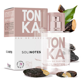 Solinotes Tonka bottle front, premium fragrance packaging for gifting.