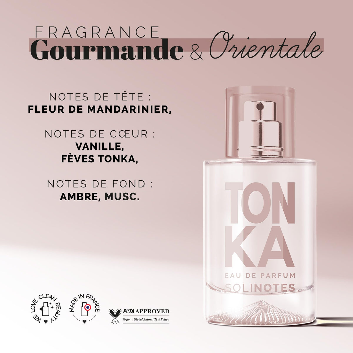 Solinotes Tonka ingredients closeup, natural alcohol and water-based formula.