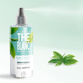 Solinotes White Tea Body Mist ingredients label showcasing clean beauty
