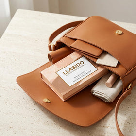 SOLLASY travel case with magnetic closure ideal for on-the-go makeup.
