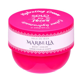 Solo en Ibiza Bella Marbella Hydrating Cream packaging in pink design on vanity.