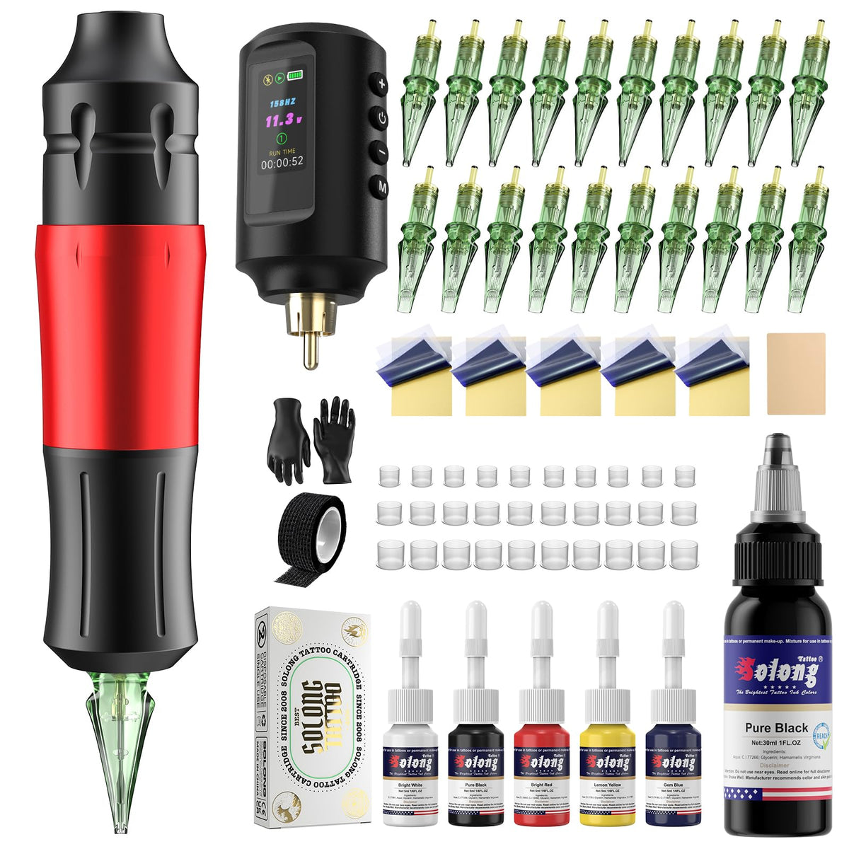 Solong Tattoo gun kit battery display showing real-time power for reliable sessions.