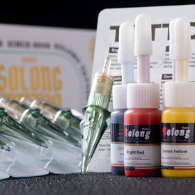 Solong tattoo gun kit ready out of the box with transfer paper and practice skin.