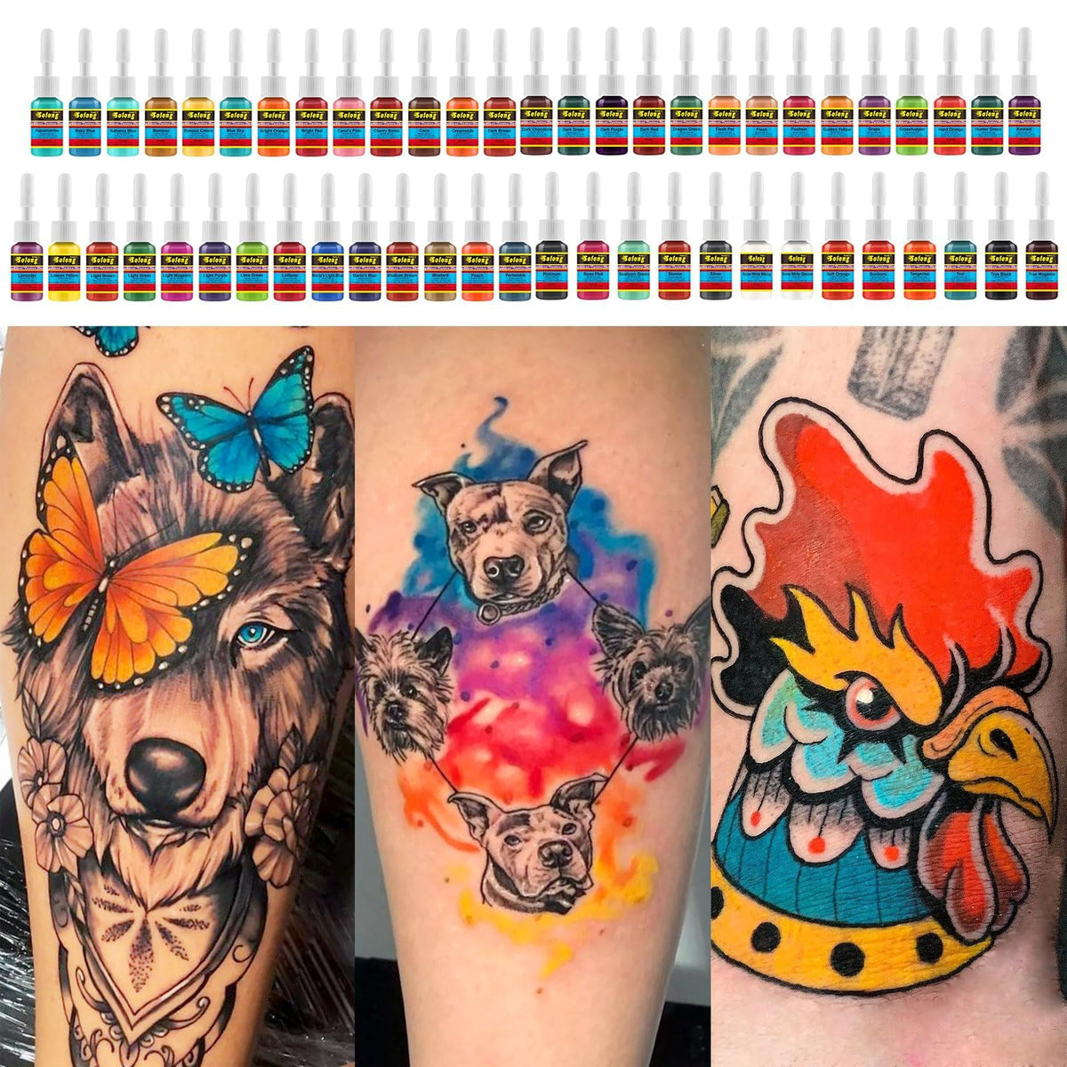 Solong Tattoo ink set 54 colors color swatches illustrating diverse hues for shading and blending