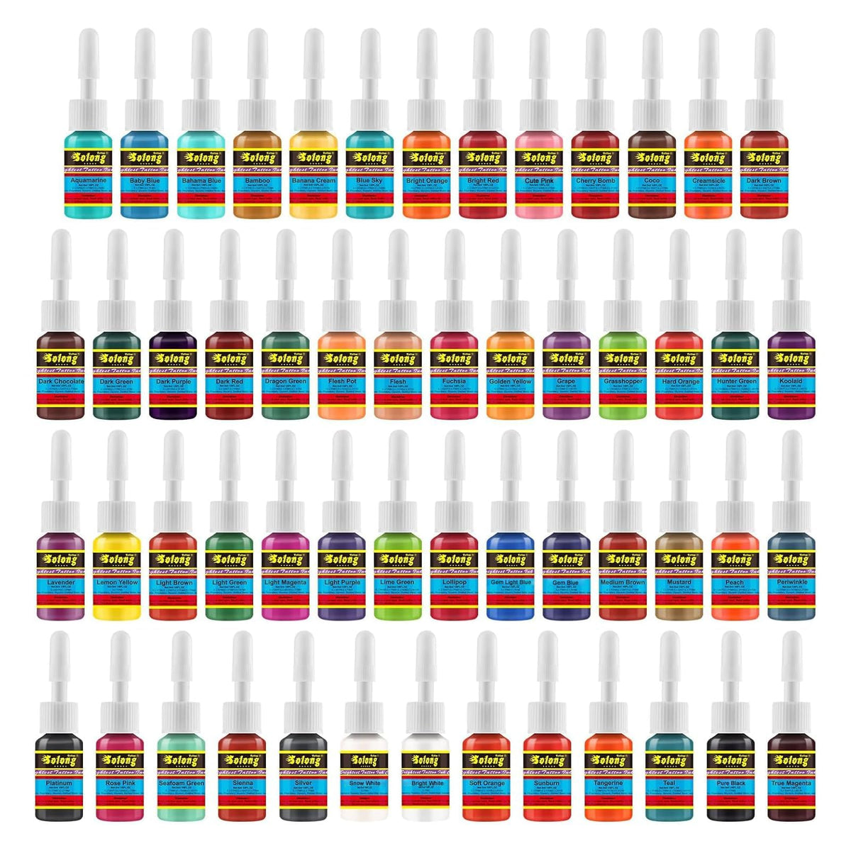 Solong Tattoo ink set 54 colors lid and labels emphasizing cleanliness and batch integrity