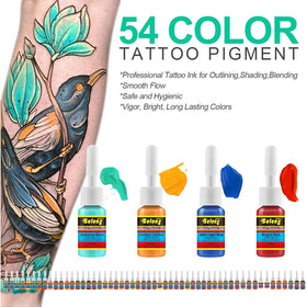 Solong Tattoo ink set 54 colors row of bottles demonstrating consistent pigment flow