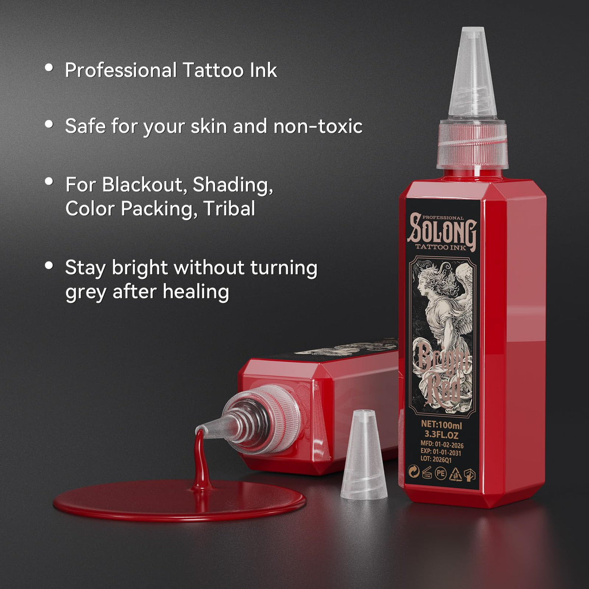 Solong Tattoo S Series red ink for color packing and bold tribal accents.