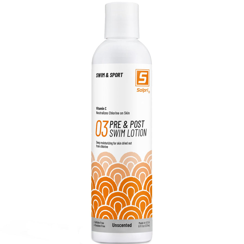 Solpri pre-swim lotion vitamin C bottle ready for chlorine protection before swimming.