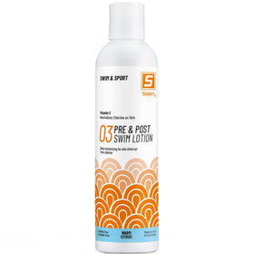Solpri pre-swim lotion bottle with warm citrus scent for swimming prep.