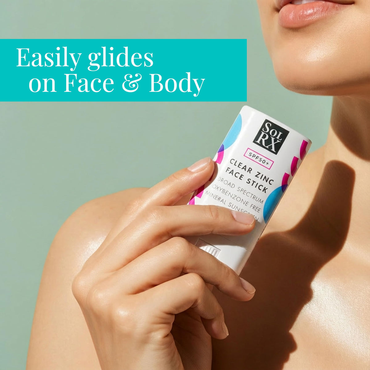 SolRX face stick leaves no white residue on skin for a clean look