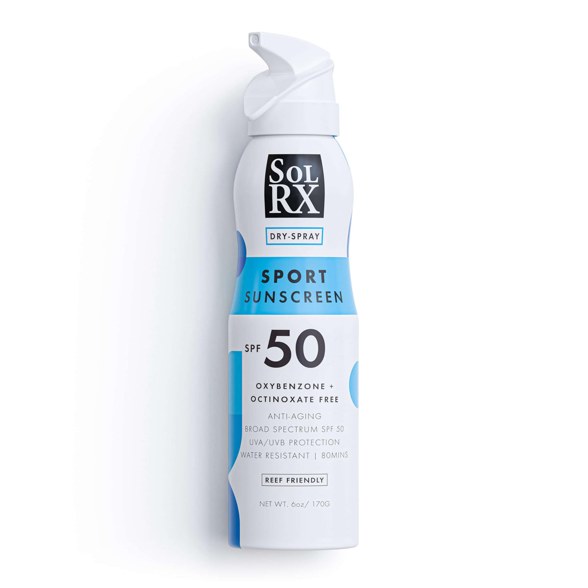 SolRX Sport Spray SPF 50 bottle front for easy outdoor sun protection